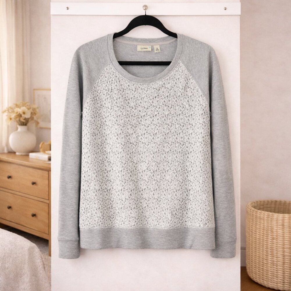 L.L.Bean Lace Panel Sweatshirt Heather Gray Raglan Pullover Women's Size Medium